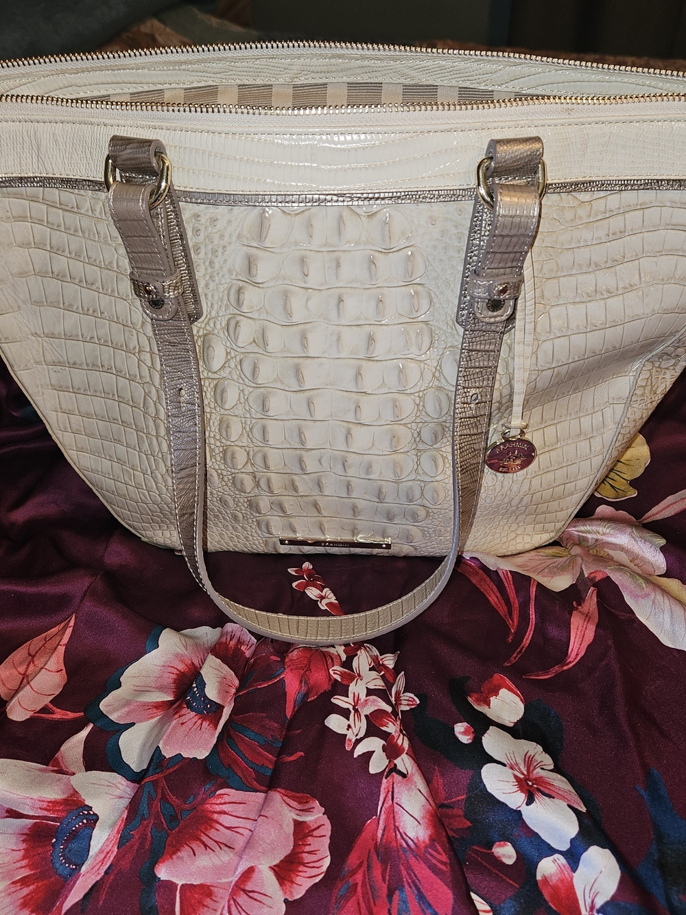 Brahmin Cream Croc-Embossed Tote with Taupe Trim